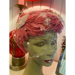vintage 1950s pink leaf hat 50s headpiece veil velvet bows mrs maisel rockabilly